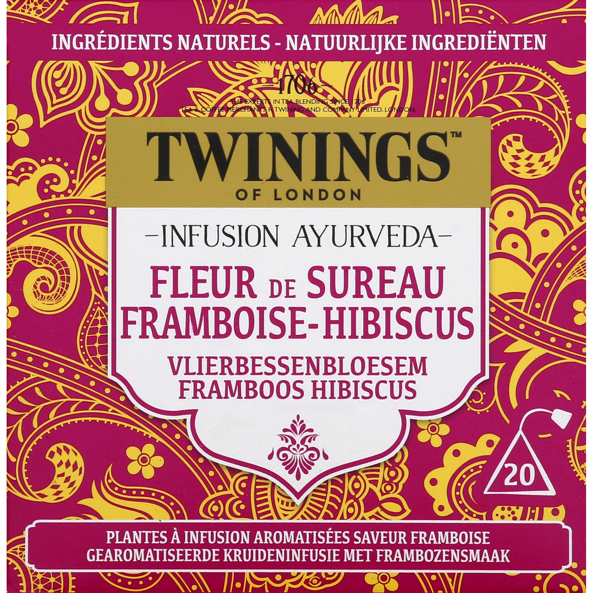 TWININGS Infusion ayurveda fleur de sureau framboise et hibiscus 20 sachets 36g