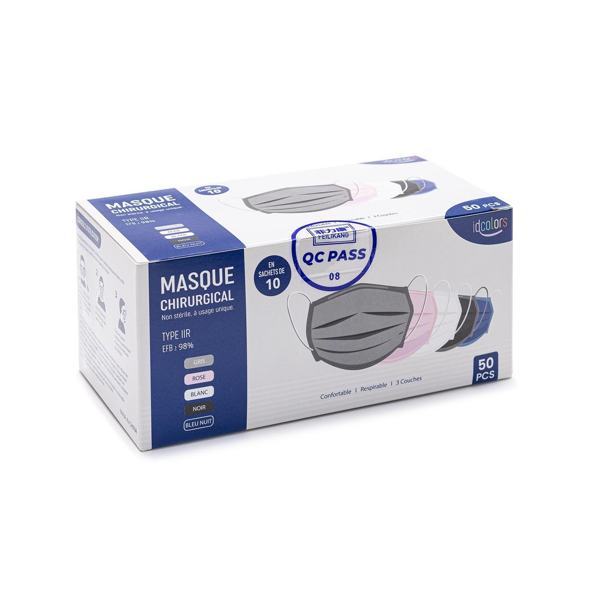 IDCOLORS Masques de protection pour adulte 3 plis à usage unique 