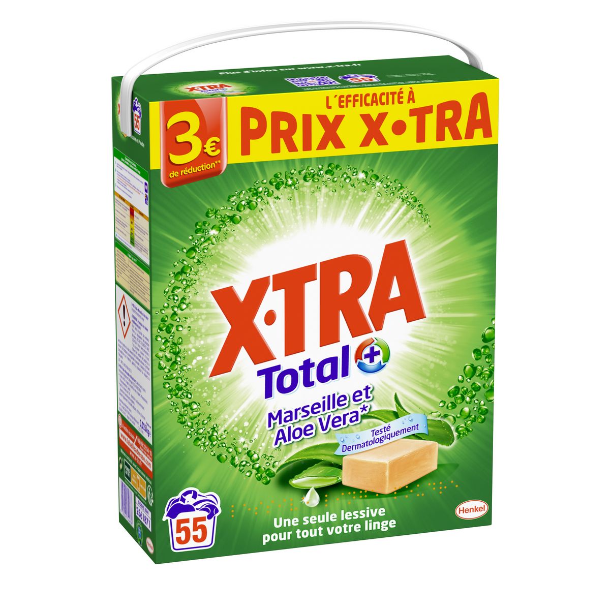 X-TRA Total + lessive en poudre Marseille et aloé véra  55 lavages 3,025kg