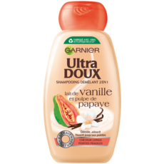 ULTRA DOUX Shampoing démêlant 2en1 au lait de vanille et pulpe de papaye pour cheveux longs et pointes fragiles 250ml