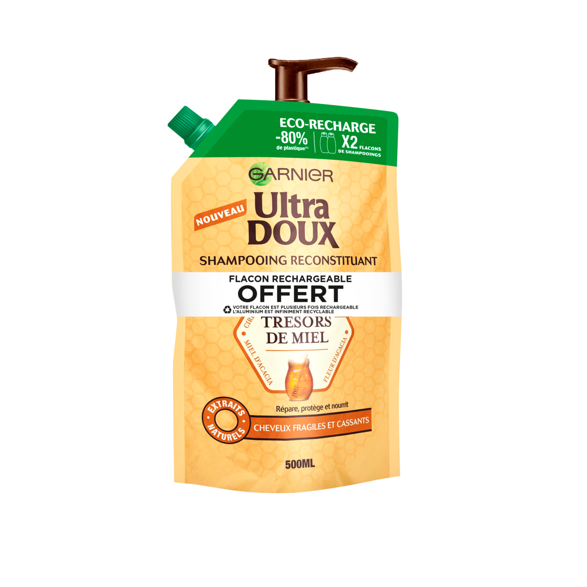 ULTRA DOUX Trésor de miel Shampoing reconstituant cheveux fragiles et cassants écorecharge et flacon 500ml+ bouteille rechargeable 500ml