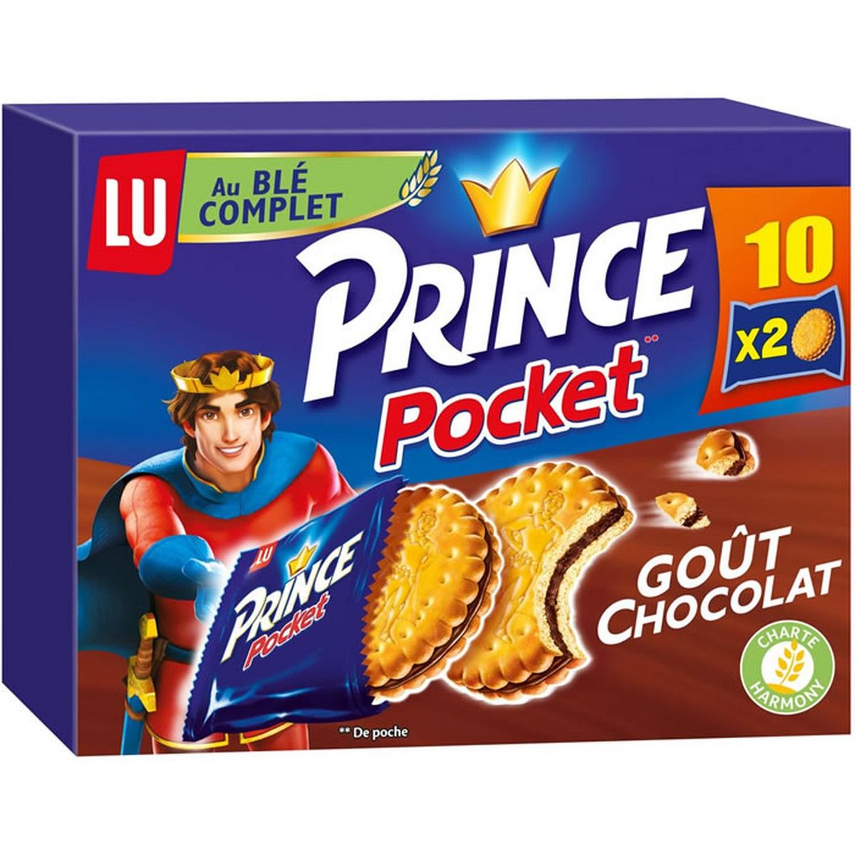 PRINCE Pocket biscuits au blé complet fourrés au chocolat, sachets fraîcheur 10x2 biscuits 400g