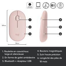 LOGITECH Souris Sans Fil M350 Pebble Sliencieuse Bluetooth - Rose
