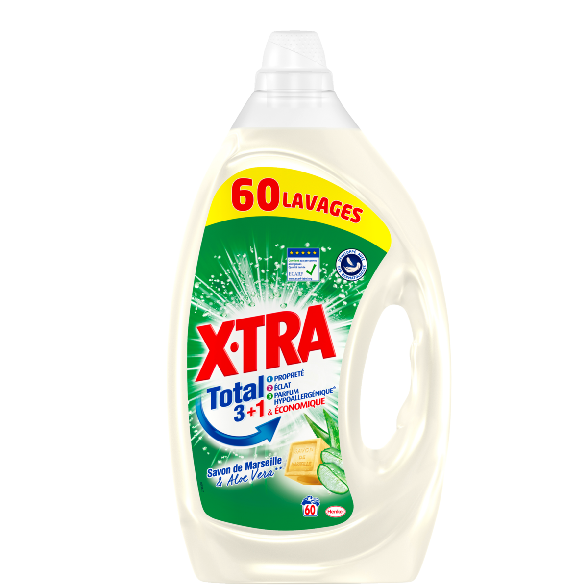 X-TRA Total+ lessive liquide au savon de Marseille 60 lavages 3l pas cher 