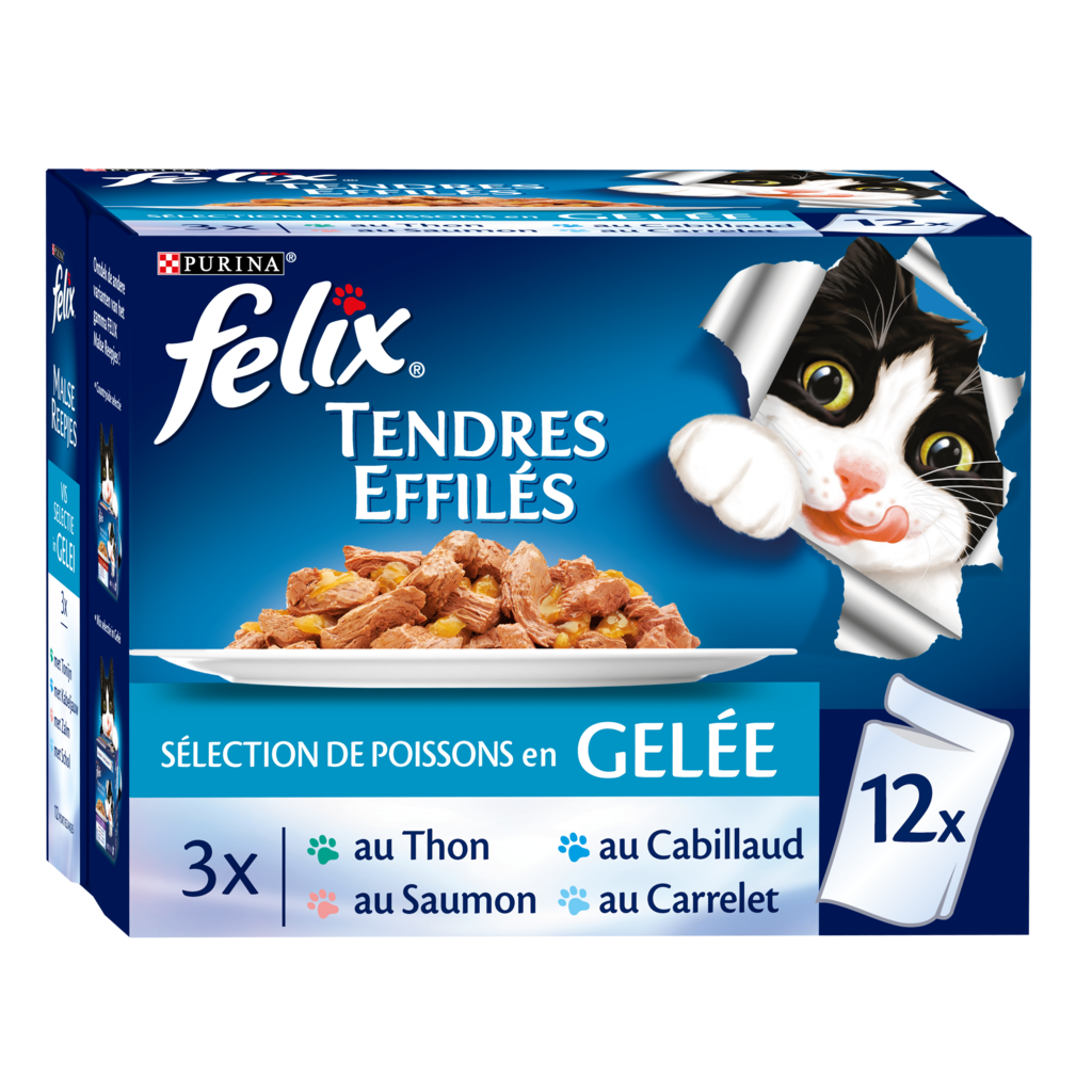 Aliment pour chat tendres effilés en gelée sélection de poisson FELIX : les  44 boites de 85g à Prix Carrefour