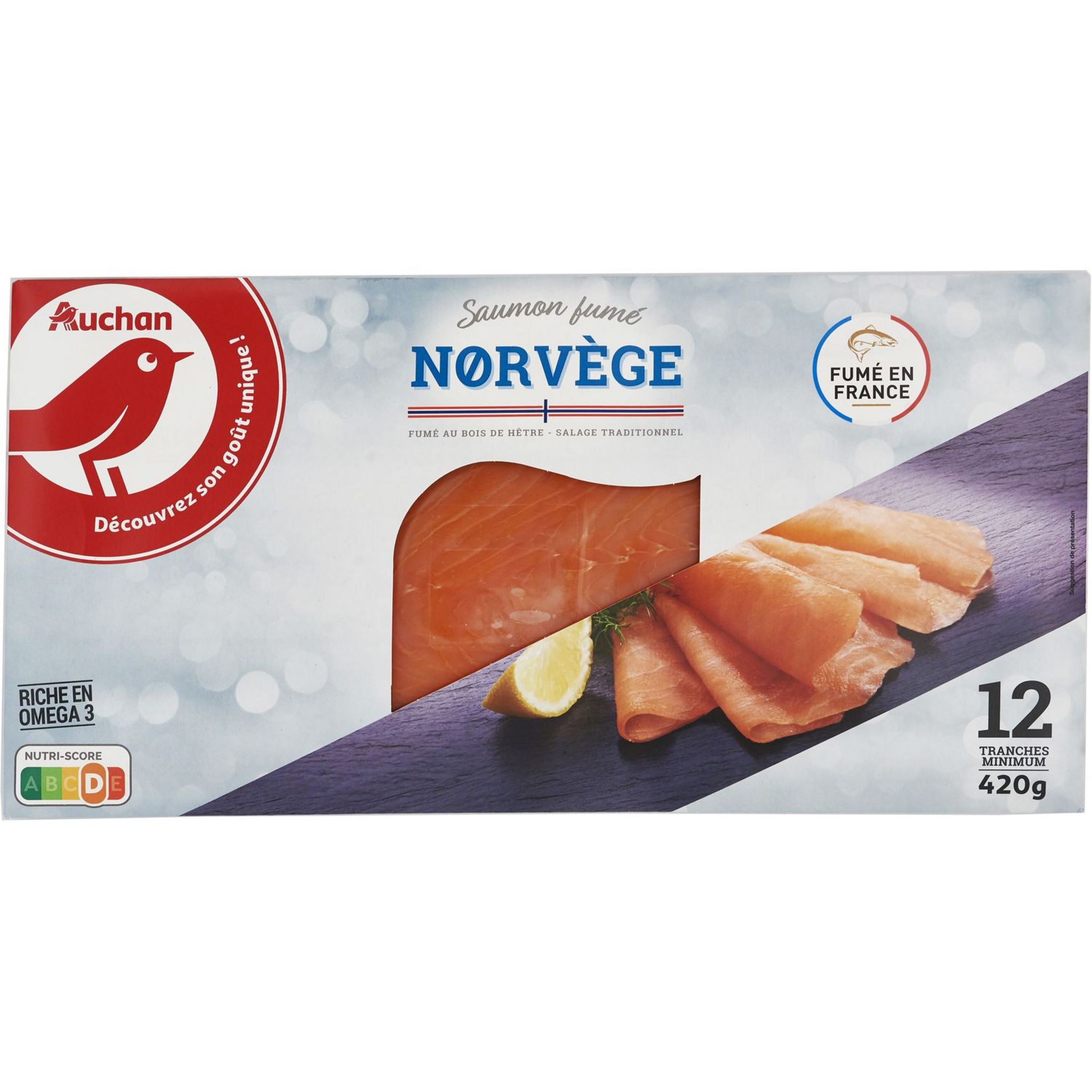 AUCHAN Saumon fumé de Norvège 12 tranches 420g pas cher 
