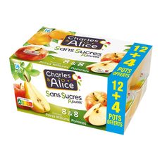 CHARLES & ALICE Compote en pot pommes poires williams et pommes sans sucres ajoutés 12+4 offerts 16x100g