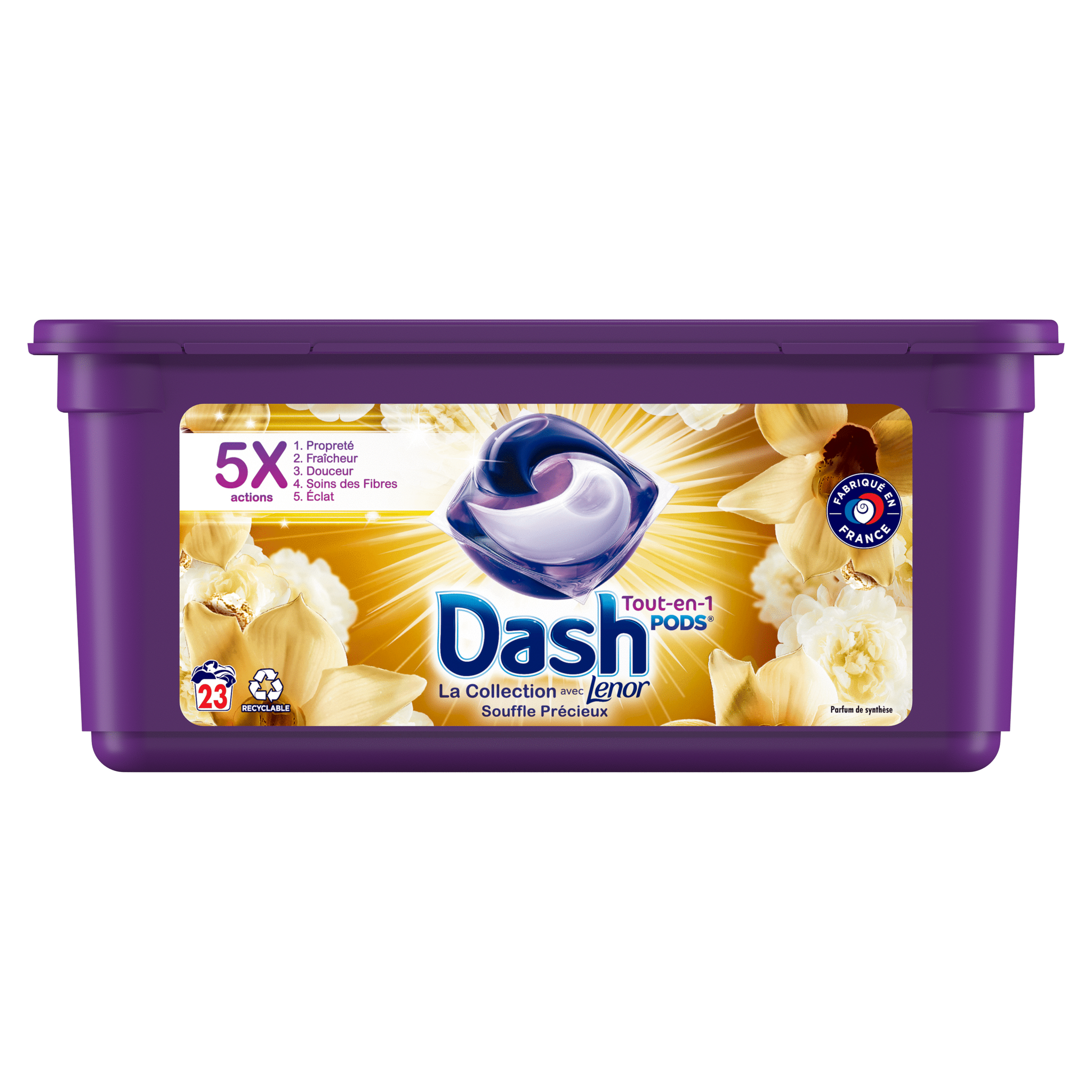 DASH Lenor Pods Lessive capsules tout en 1 souffle précieux 23 capsules pas  cher 