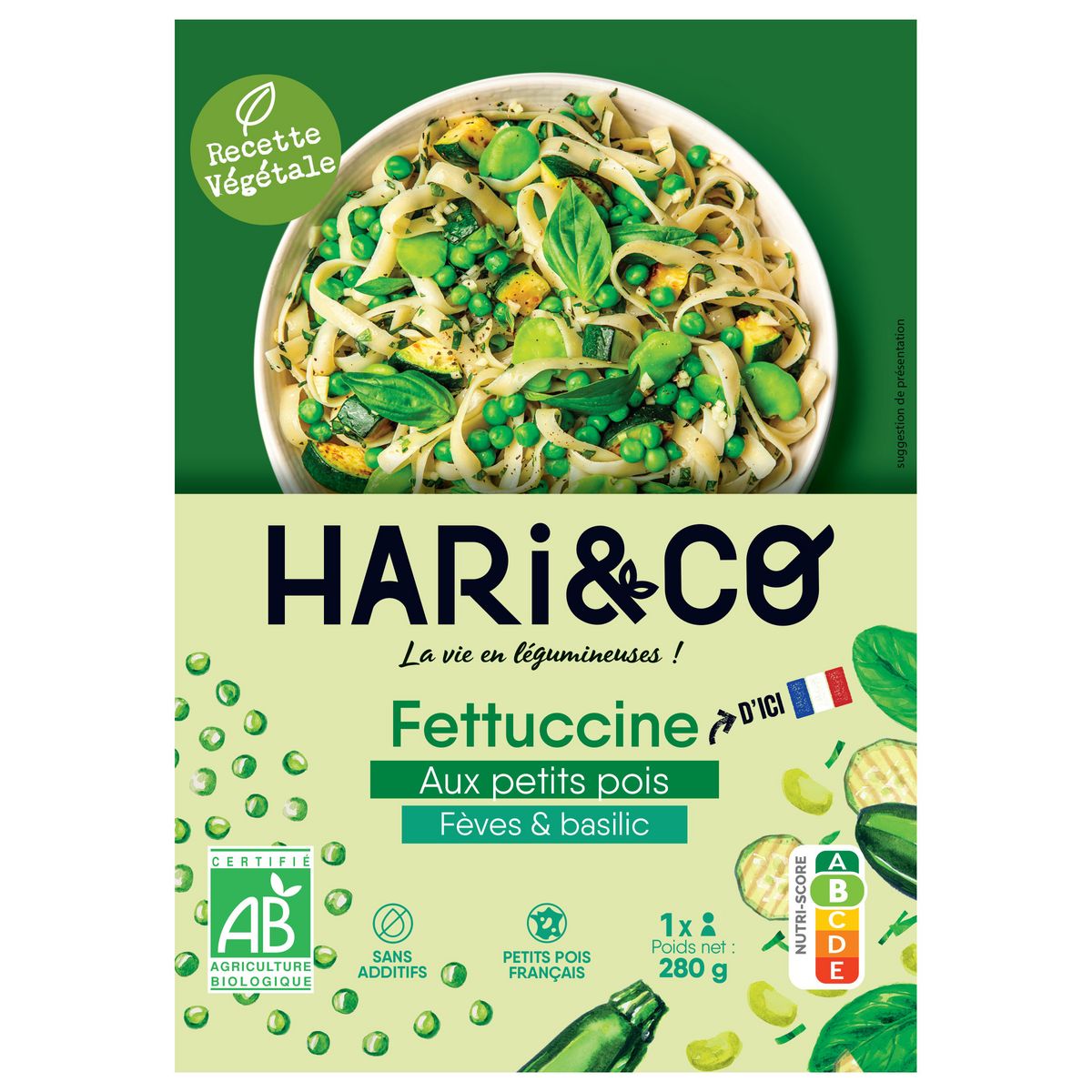 HARI&CO Fettuccine aux petits poids, fèves, et basilic bio 1 portion 280g