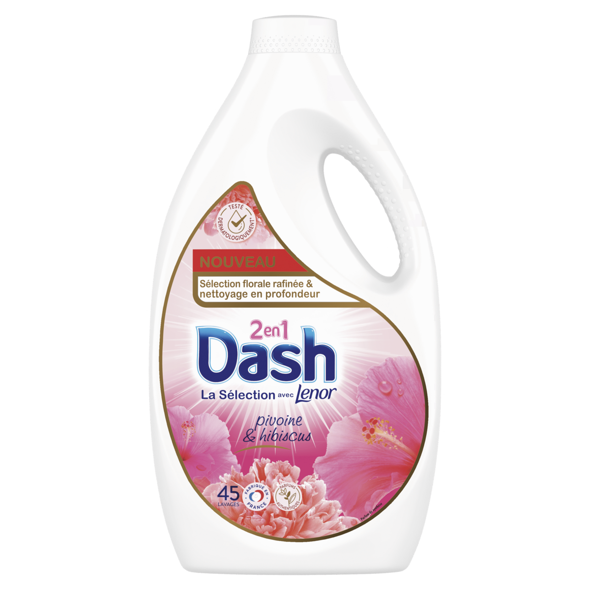 DASH 2en1 Lessive Liquide pivoine et hibiscus 45 lavages 2.25l pas cher 