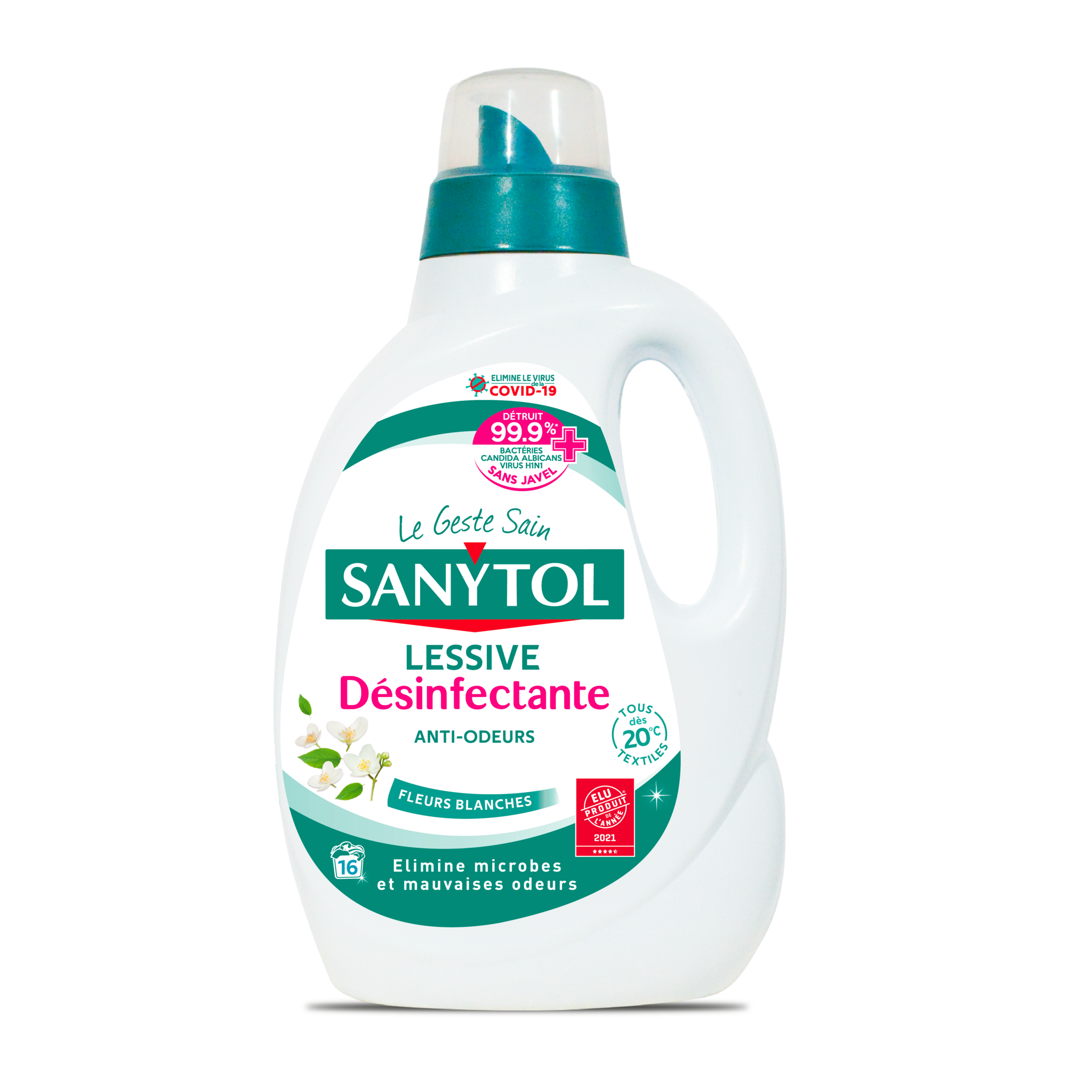 SANYTOL Lessive désinfectante anti-odeurs fleurs blanches 17 lavages 1,65l  pas cher 