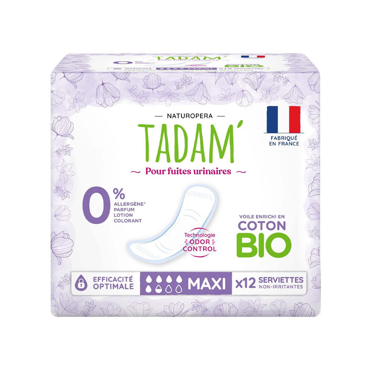 TADAM Serviettes maxi pour fuites urinaires coton bio 12 serviettes