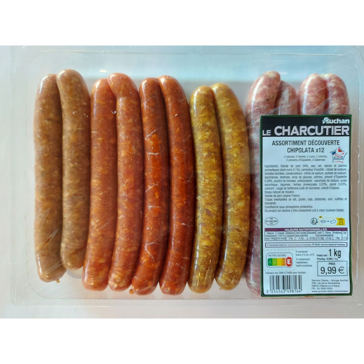 AUCHAN LE CHARCUTIER Assortiment découverte chipolata de porc 12 pièces 1kg