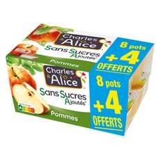CHARLES & ALICE Spécialité pomme sans sucres ajoutés 8 pots + 4 offerts 12x100g