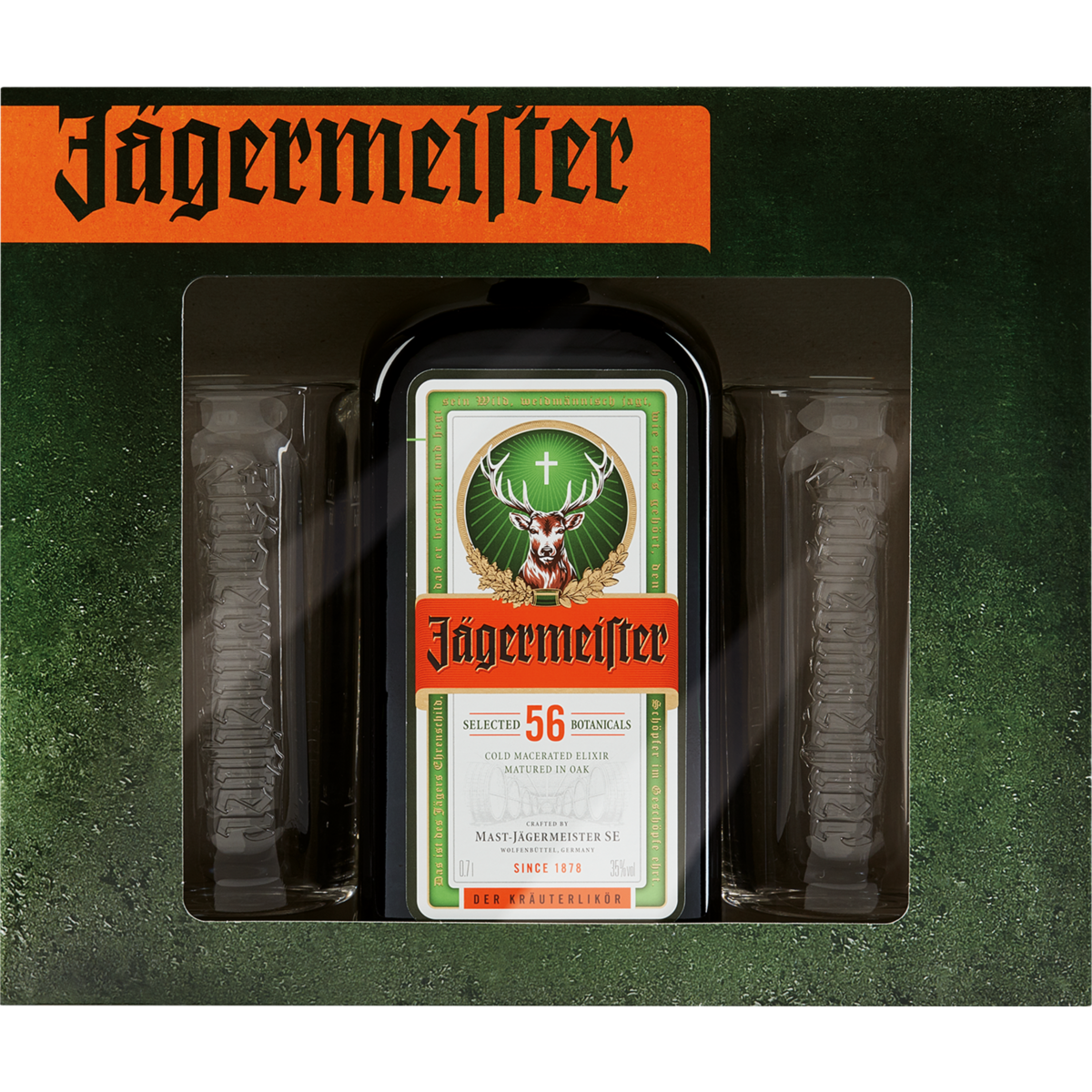 JAGERMEISTER Coffret liqueur aux herbes 35% +2 verres 70cl pas cher 