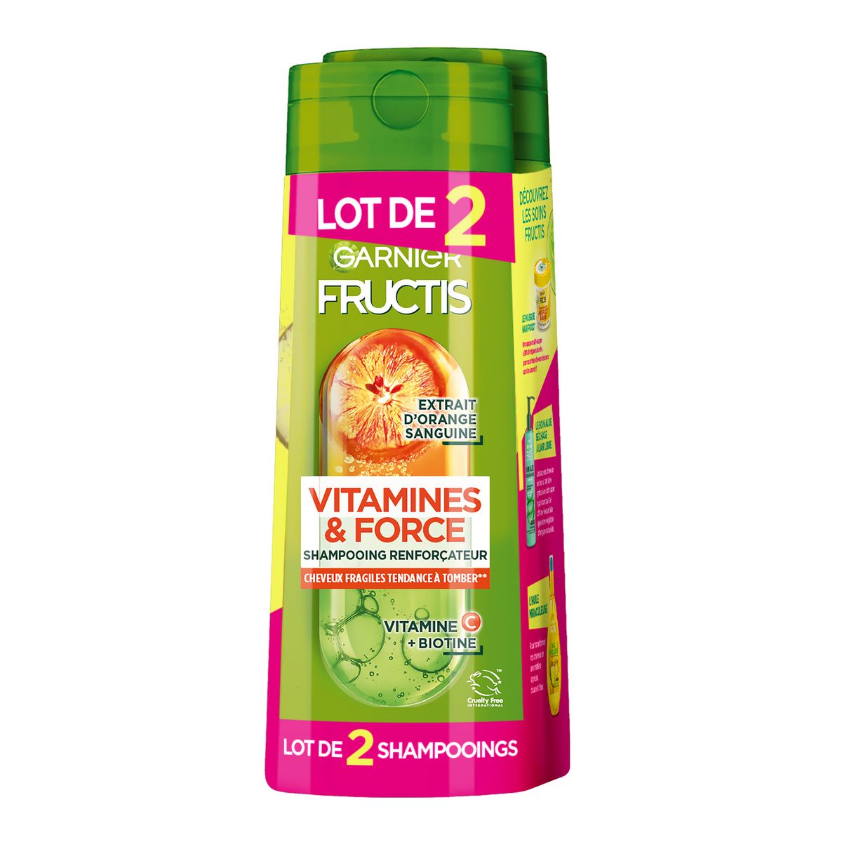 FRUCTIS Vitamines et force Shampooing renforçateur à la vitamine C et biotine pour cheveux fragiles 2x250ml