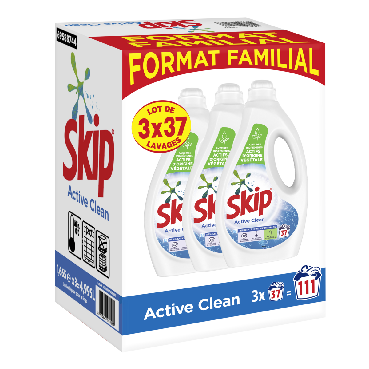 SKIP Lessive liquide active clean 3x37 lavages 3x1.665l pas cher à prix ...