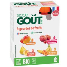 GOOD GOUT BABY Gourdes dessert multifruits mangue pêche poire pomme framboise abricot banane bio dès 4 mois 4x120g