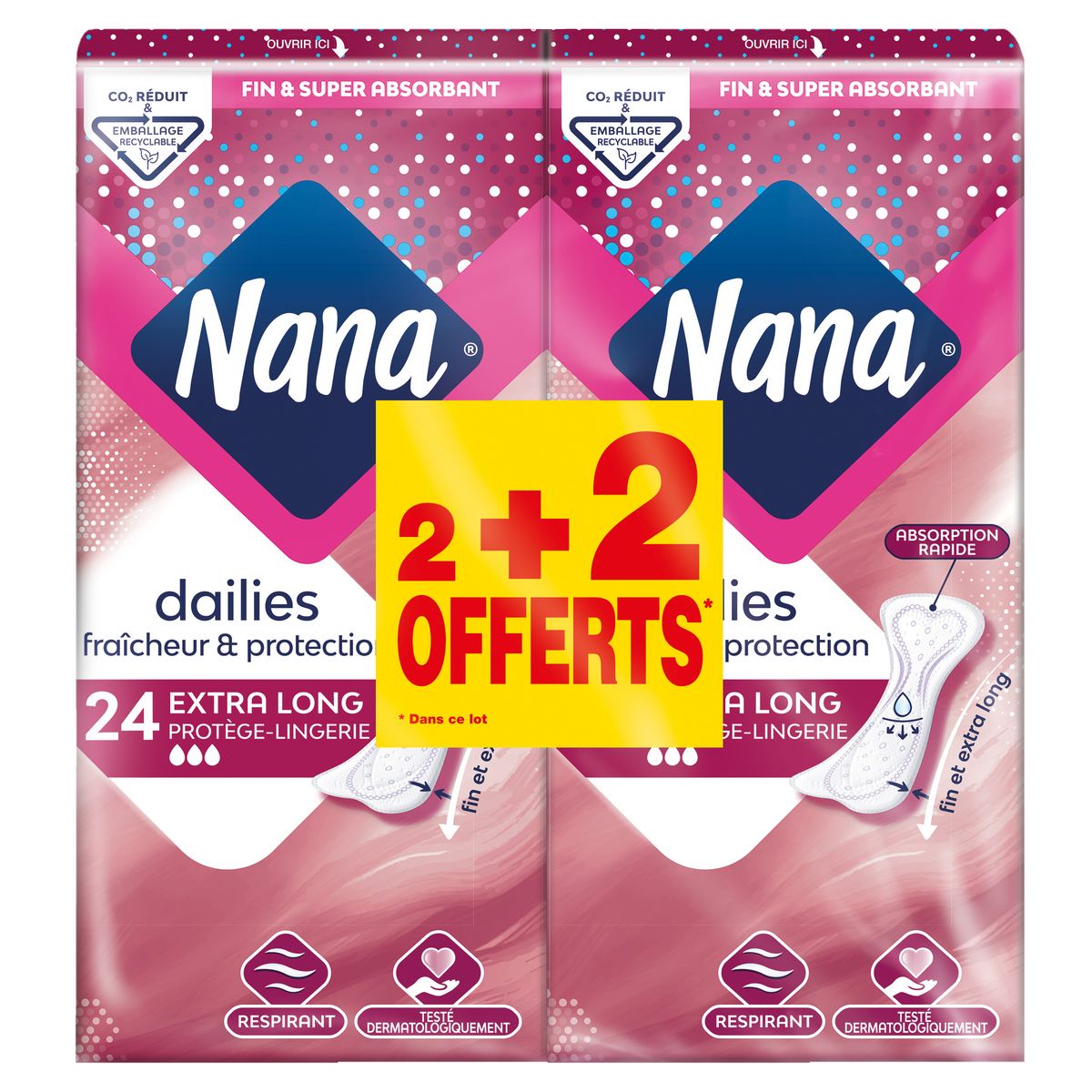 NANA Protège-lingerie fraîcheur et protection extra long 2+2 offerts 4x24 pièces