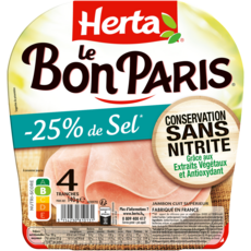 HERTA Le Bon Paris Jambon cuit à l'étouffée réduit en sel sans nitrite 4 tranches 140g
