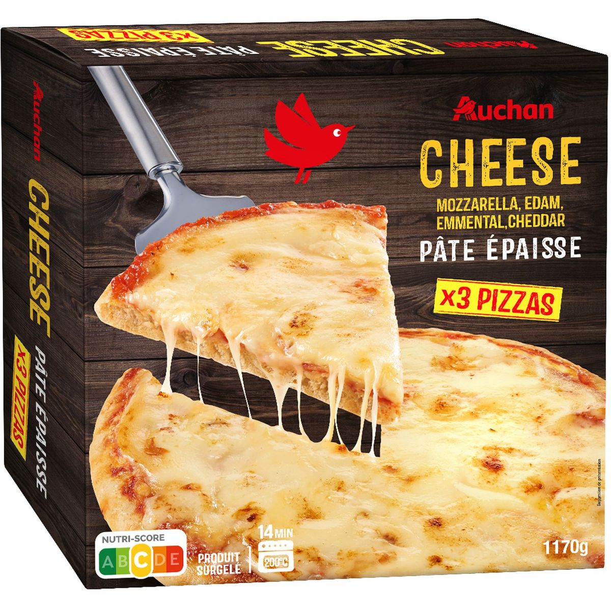 AUCHAN Pizza cheese cheddar mozzarella et emmental 3 pièces 1,170kg
