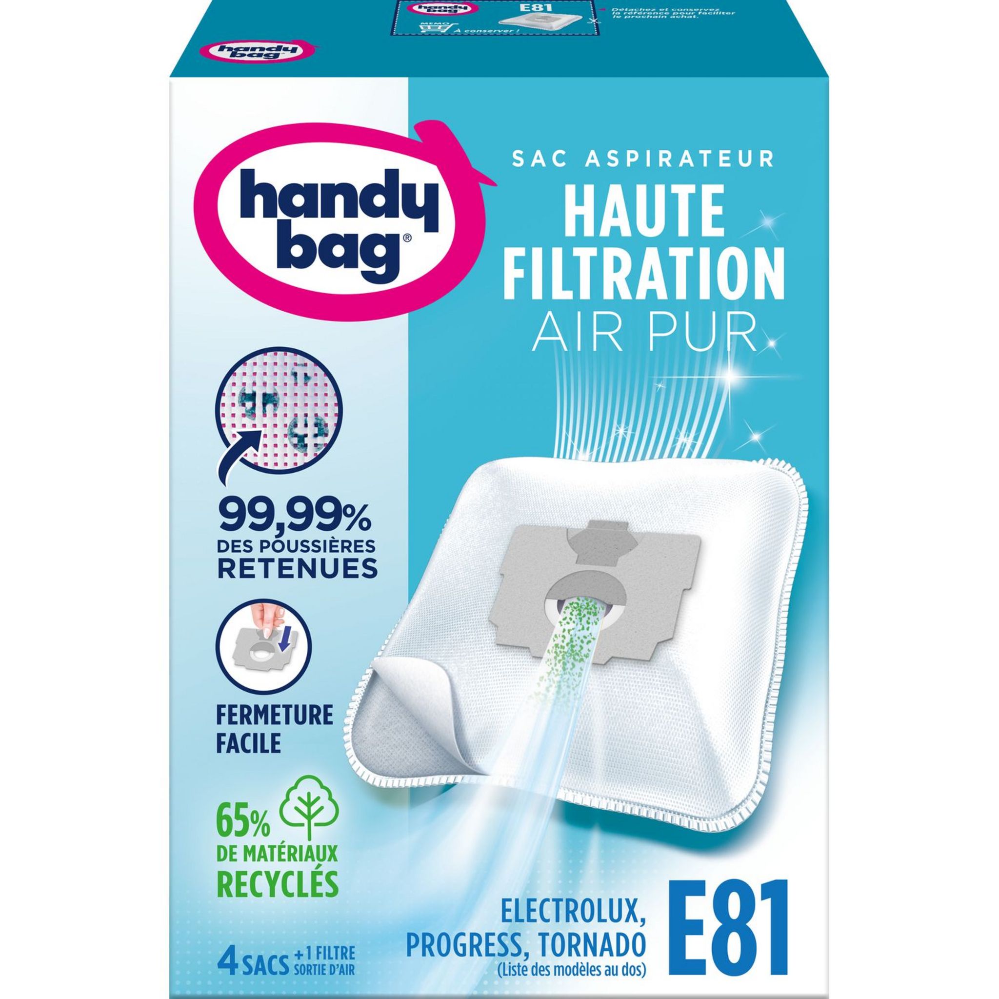 HANDY BAG Sacs Aspirateurs E81 - Electrolux, Progress, Tornado - 4 sacs + 1  filtre sortie d'air à découper pas cher 