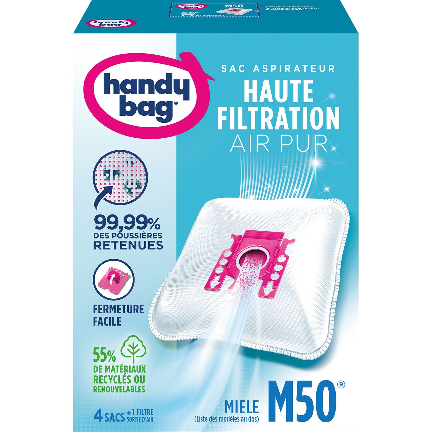 HANDY BAG Sacs Aspirateurs M50 - Miele - 4 sacs + 1 filtre sortie d'air à  découper pas cher 