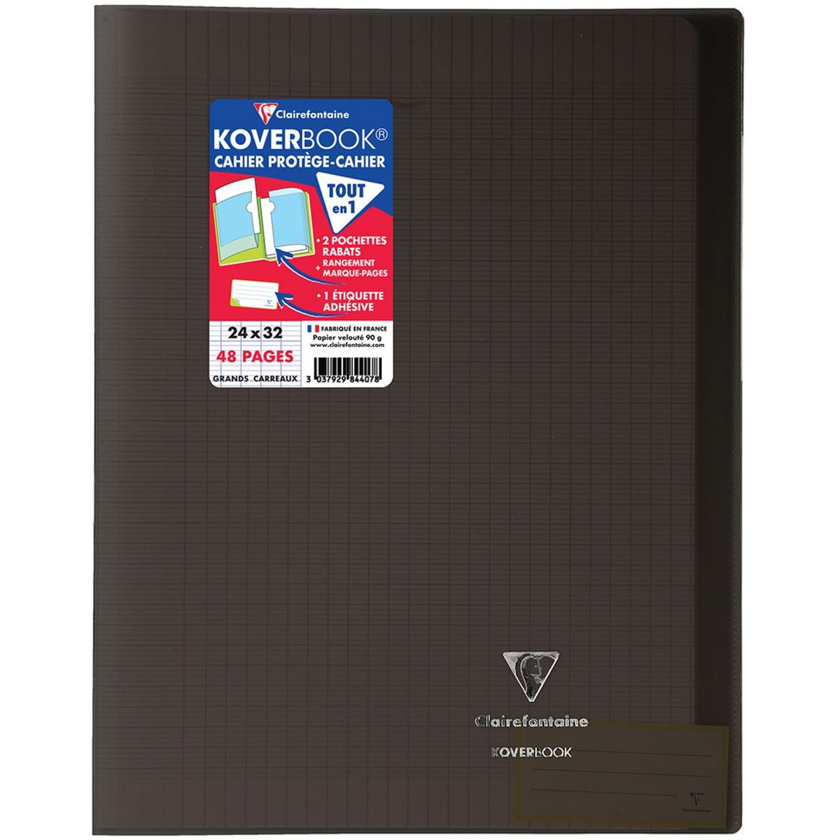 CLAIREFONTAINE Cahier piqué Koverbook 24x32 cm 48 pages grands carreaux  noir transparent pas cher 