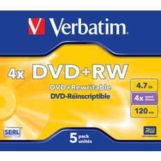 VERBATIM Lot de 5 DVD+RW - 4.7 Gb - Vitesse d'écriture 4x - 120 minutes - 5 Pack Jewel Case