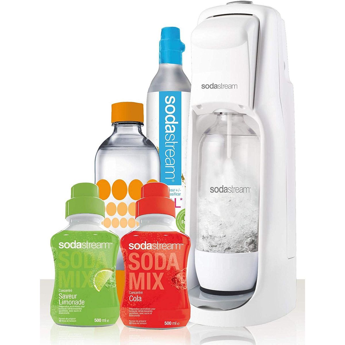 SODASTREAM machine a gazeifier MEGA PACK Jet blanche + bouteille 1L + 2  concentrés (Limonade/ Coca) pas cher 