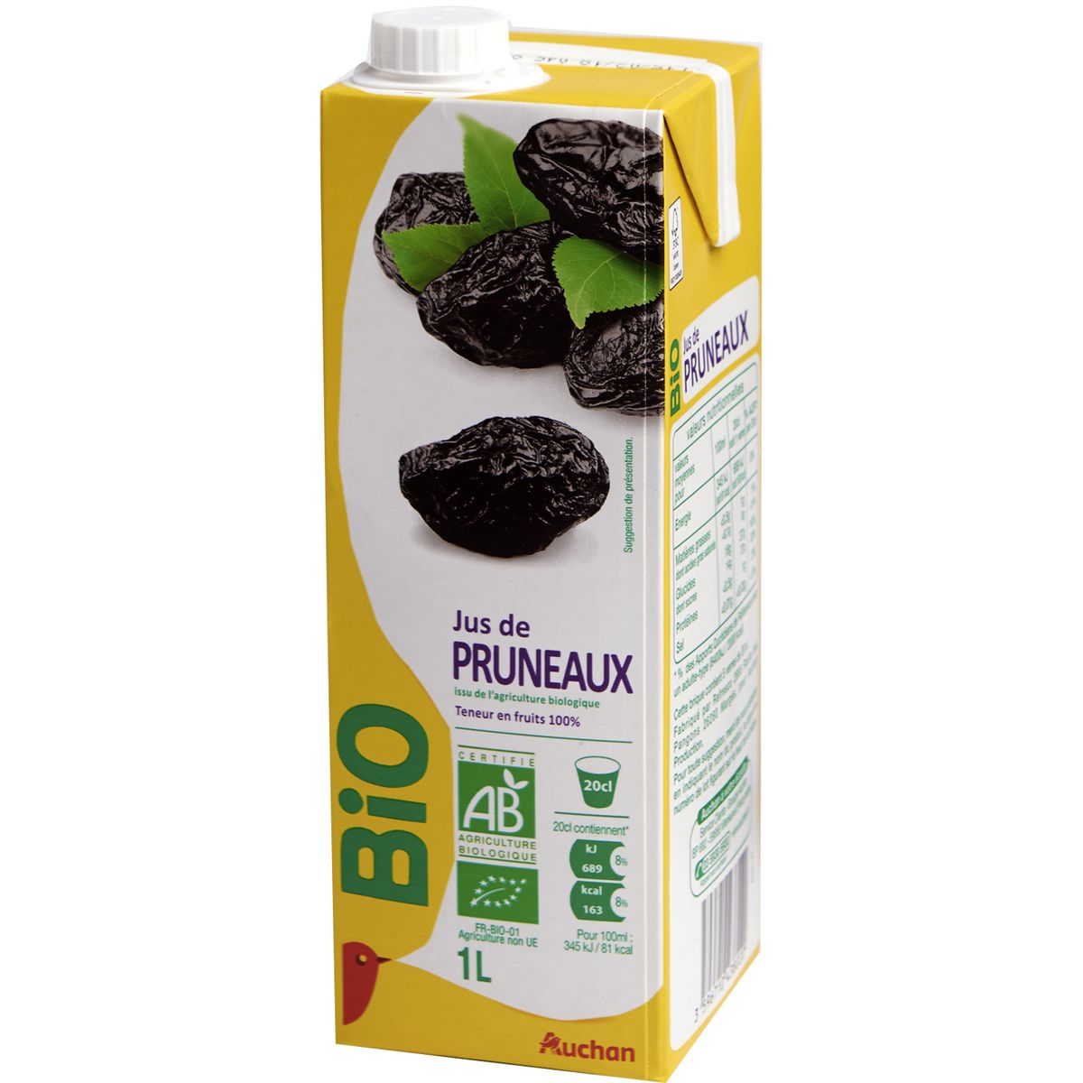 AUCHAN BIO Pur jus de pruneau brique 1l pas cher 