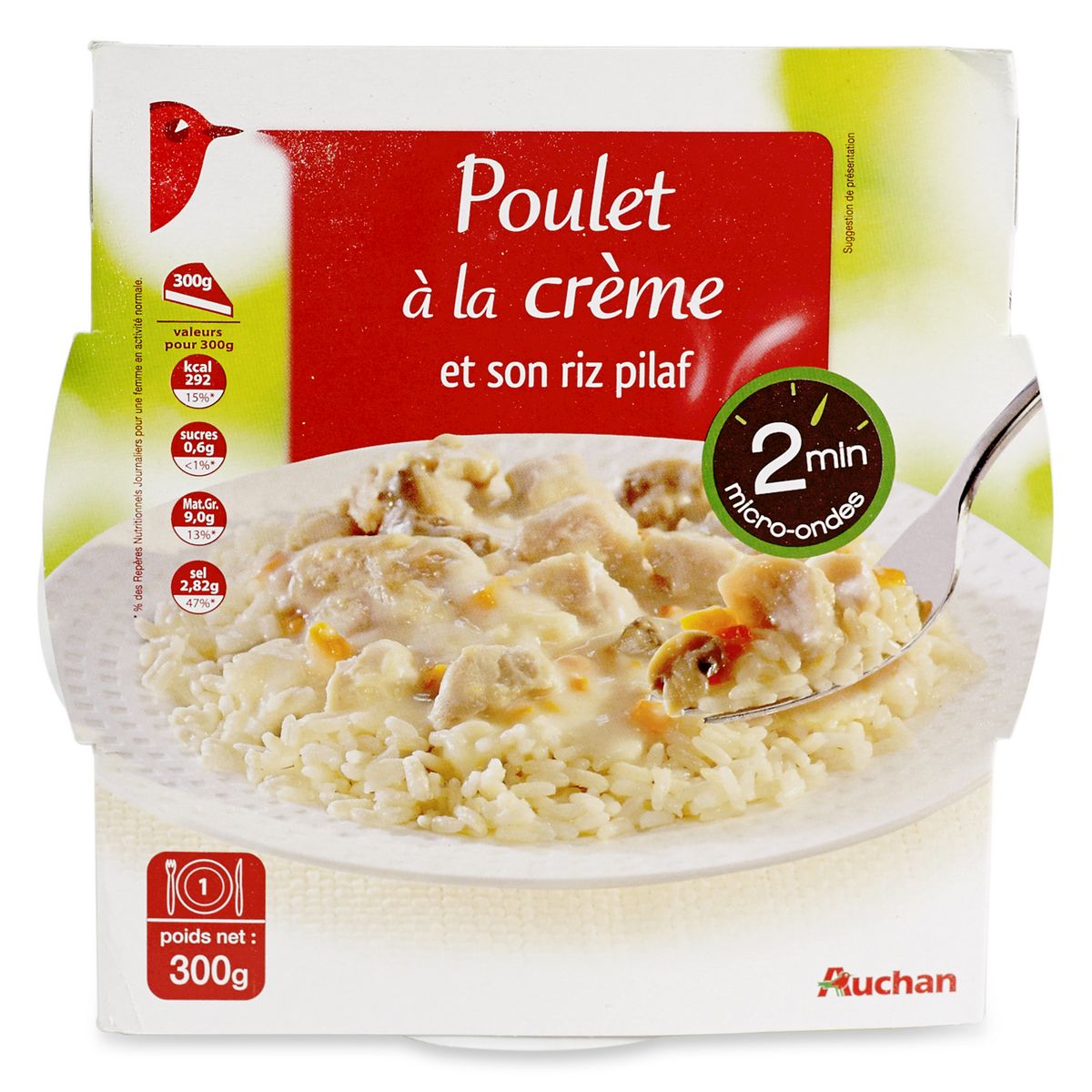 auchan poulet a la creme et son riz pilaf en barquette 2min au micro ondes 1 personne 300g pas cher a prix auchan