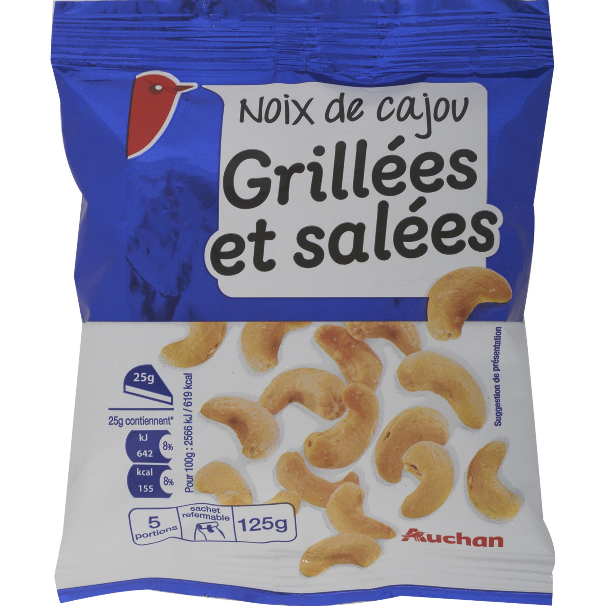 AUCHAN Noix de cajou grillées sans sel ajouté 125g pas cher 