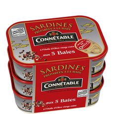 CONNETABLE Sardines à l'huile d'olive vierge extra et aux 5 baies 3x135g