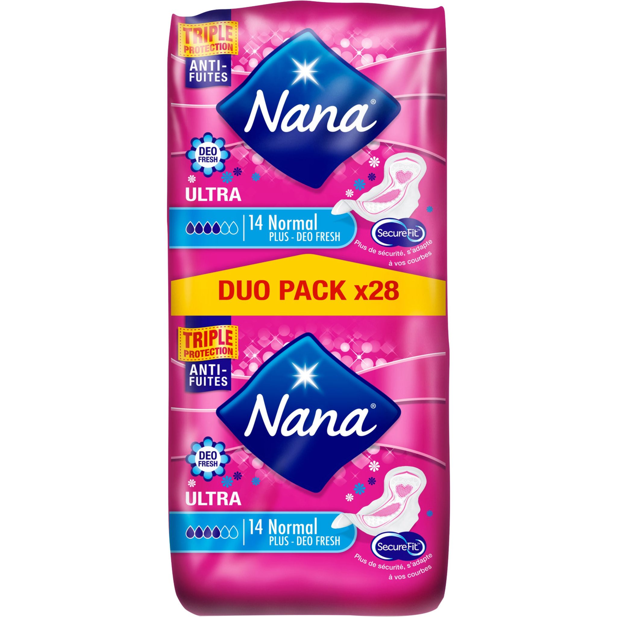 NANA Nana Secure Fit serviettes hygiéniques avec ailettes normal x28 28  serviettes 2x14 serviettes pas cher 