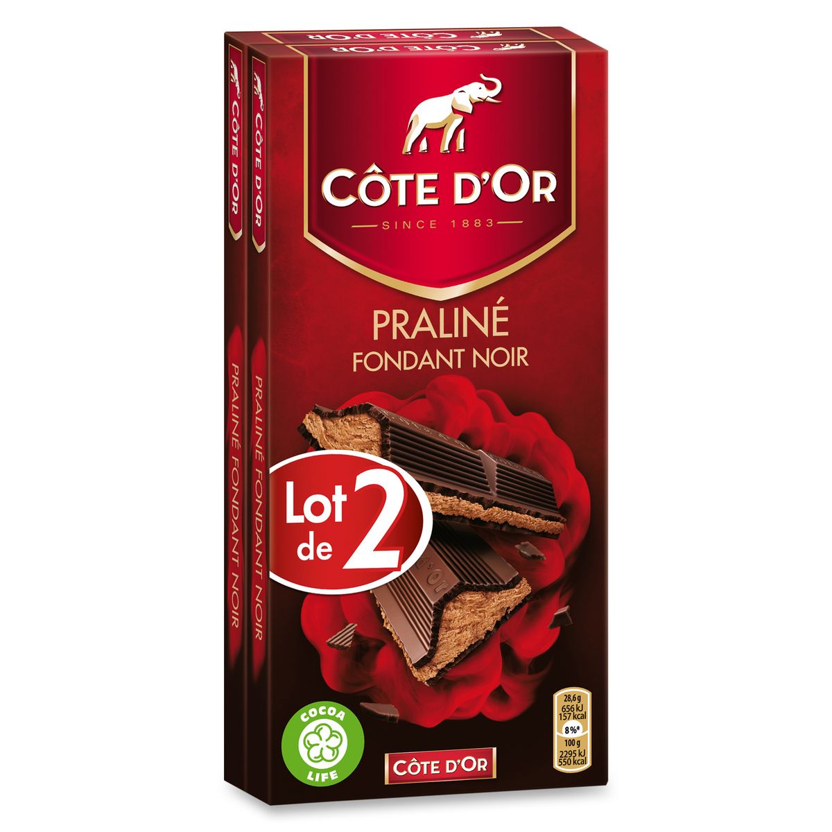 COTE D'OR Tablette de chocolat praliné fondant noir 2 pièces 2x200g pas ...