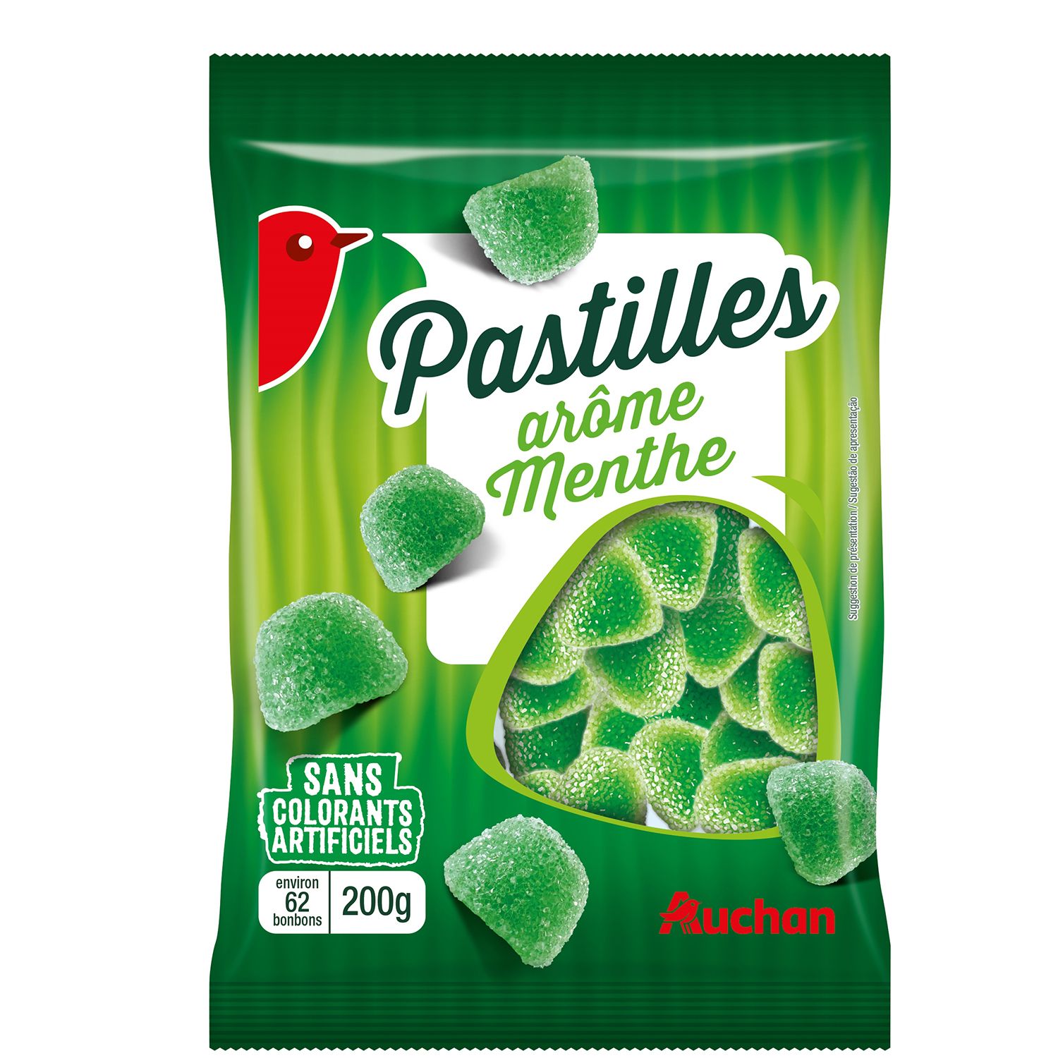 AUCHAN Bonbons pastilles gélifiées arôme menthe 200g pas cher