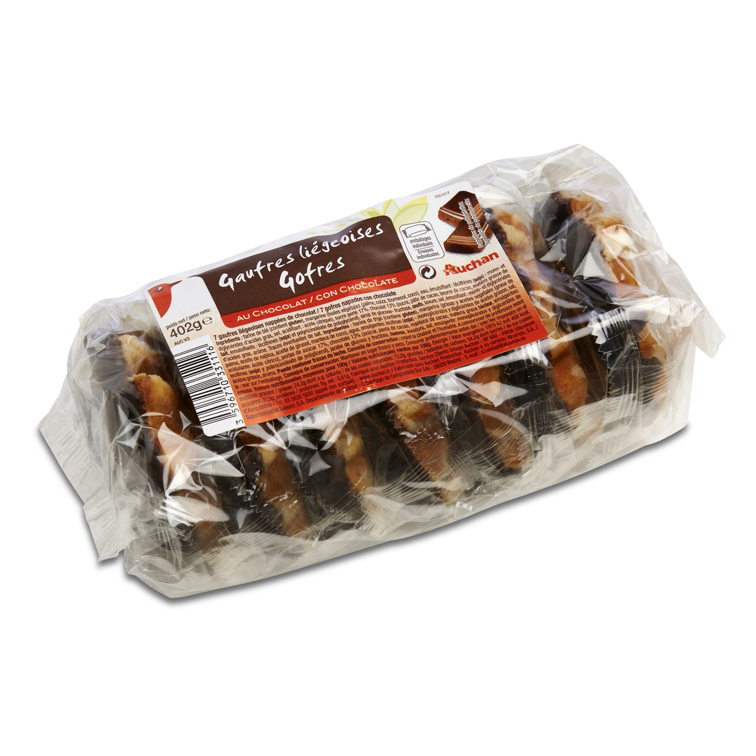 Gaufres moelleuses au chocolat belge - Auchan - 0.296 kg