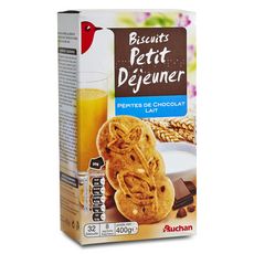 AUCHAN Biscuits petit-déjeuner aux pépites de chocolat et lait, sachets fraîcheur 8x4 biscuits 400g