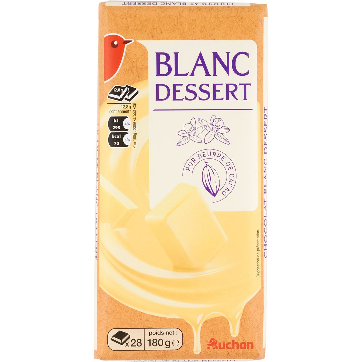 AUCHAN Tablette de chocolat blanc pâtissier 1 pièce 180g pas cher 