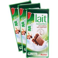AUCHAN Tablettes de chocolat au lait et noisettes 3 pièces 3x100g