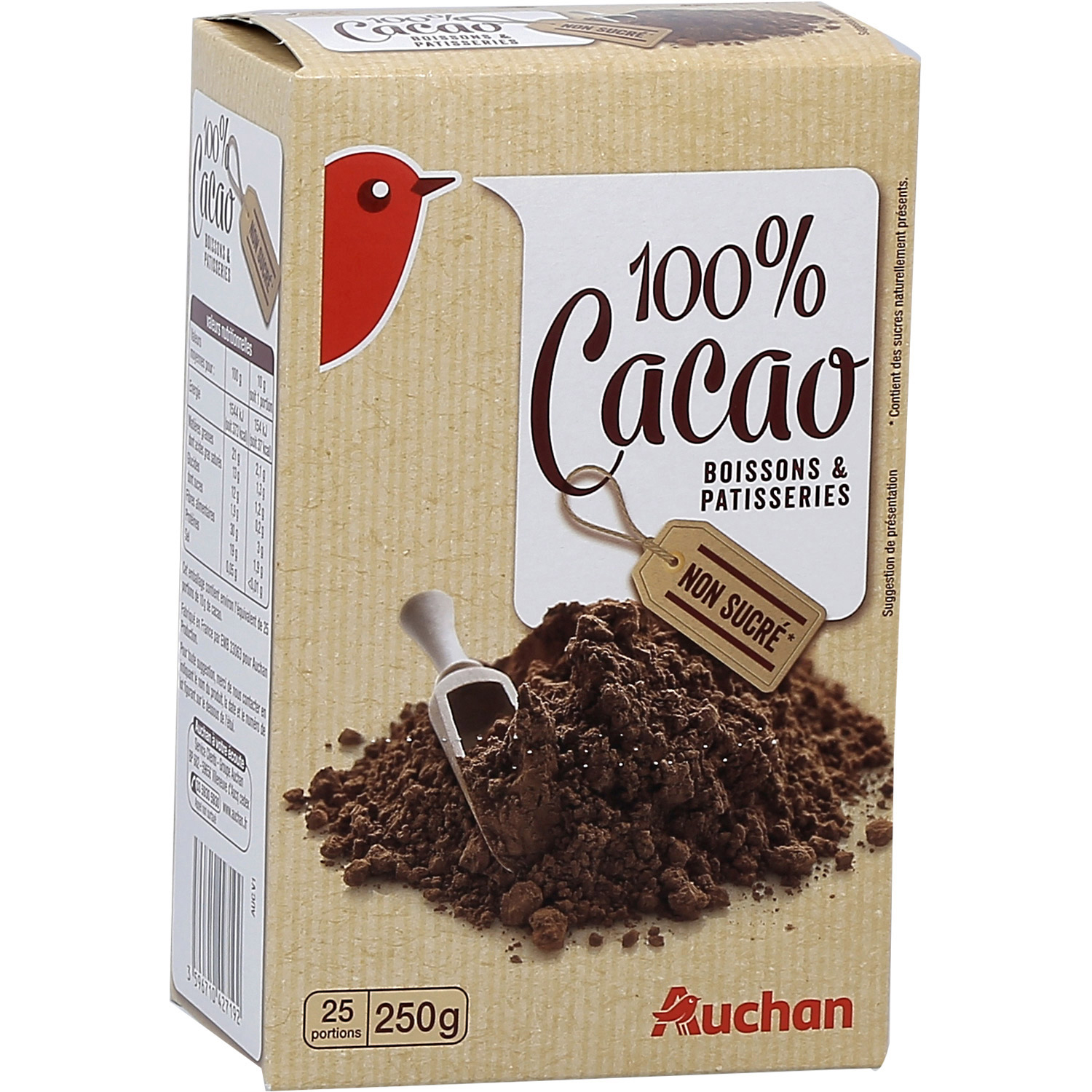 AUCHAN Chocolat en poudre 100% cacao non sucré 250g pas cher 