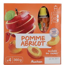 AUCHAN Gourdes pomme abricot allégé en sucres sans conservateur 4x90g