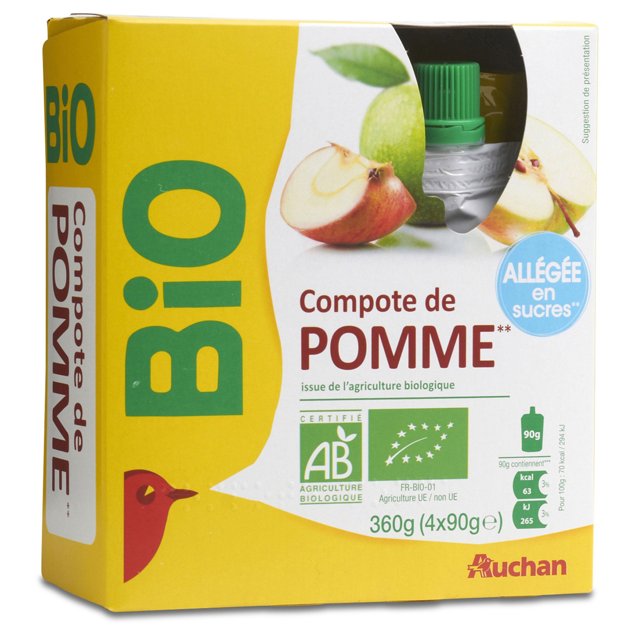 POUCE Auchan Essentiel Gourde compote de pomme allégée en sucres 1x90g  1x90g pas cher 