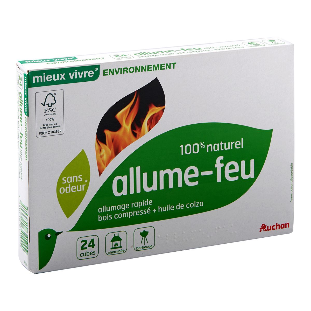 AUCHAN Allume-feu 100% naturel 24 cubes pas cher 