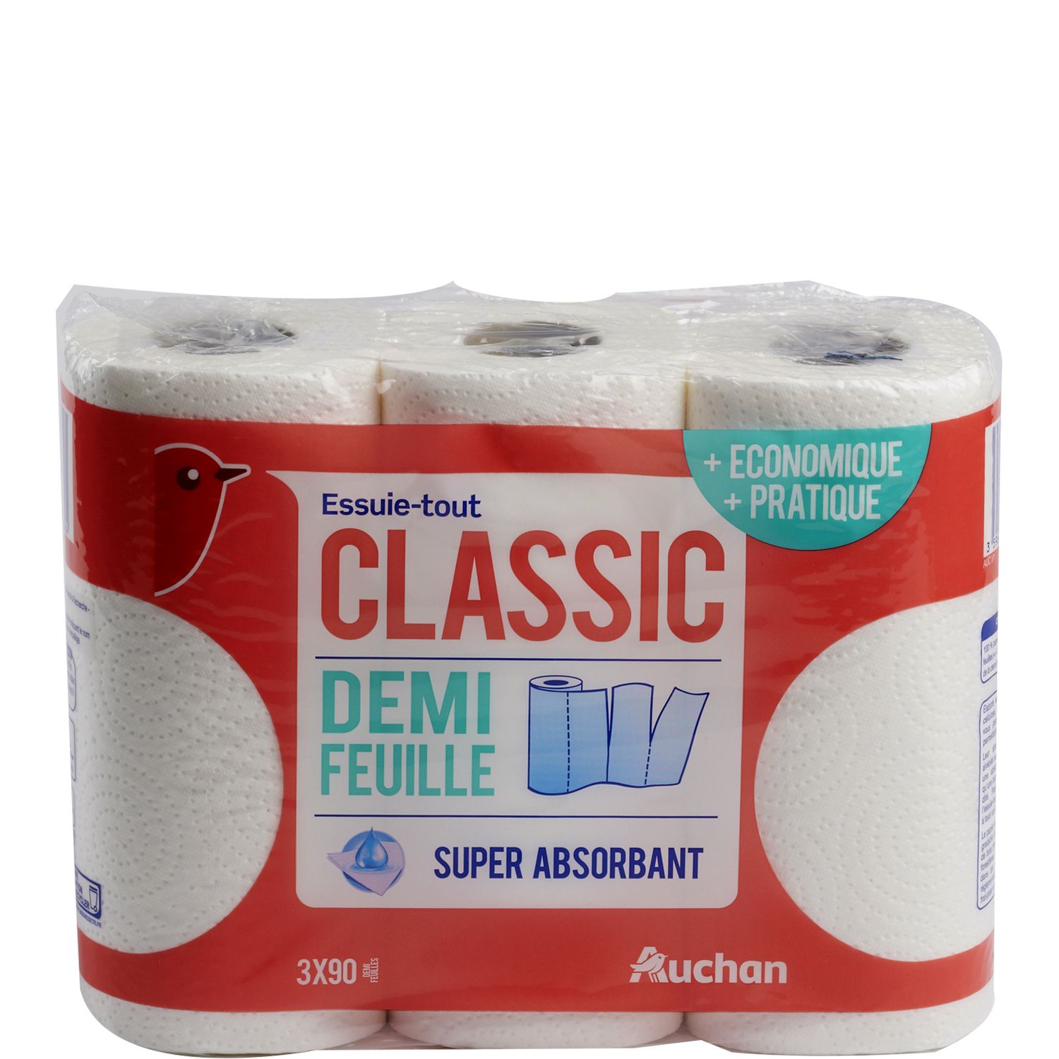 AUCHAN Essuie-tout blanc classic demi-feuille super absorbant 3 rouleaux  pas cher 