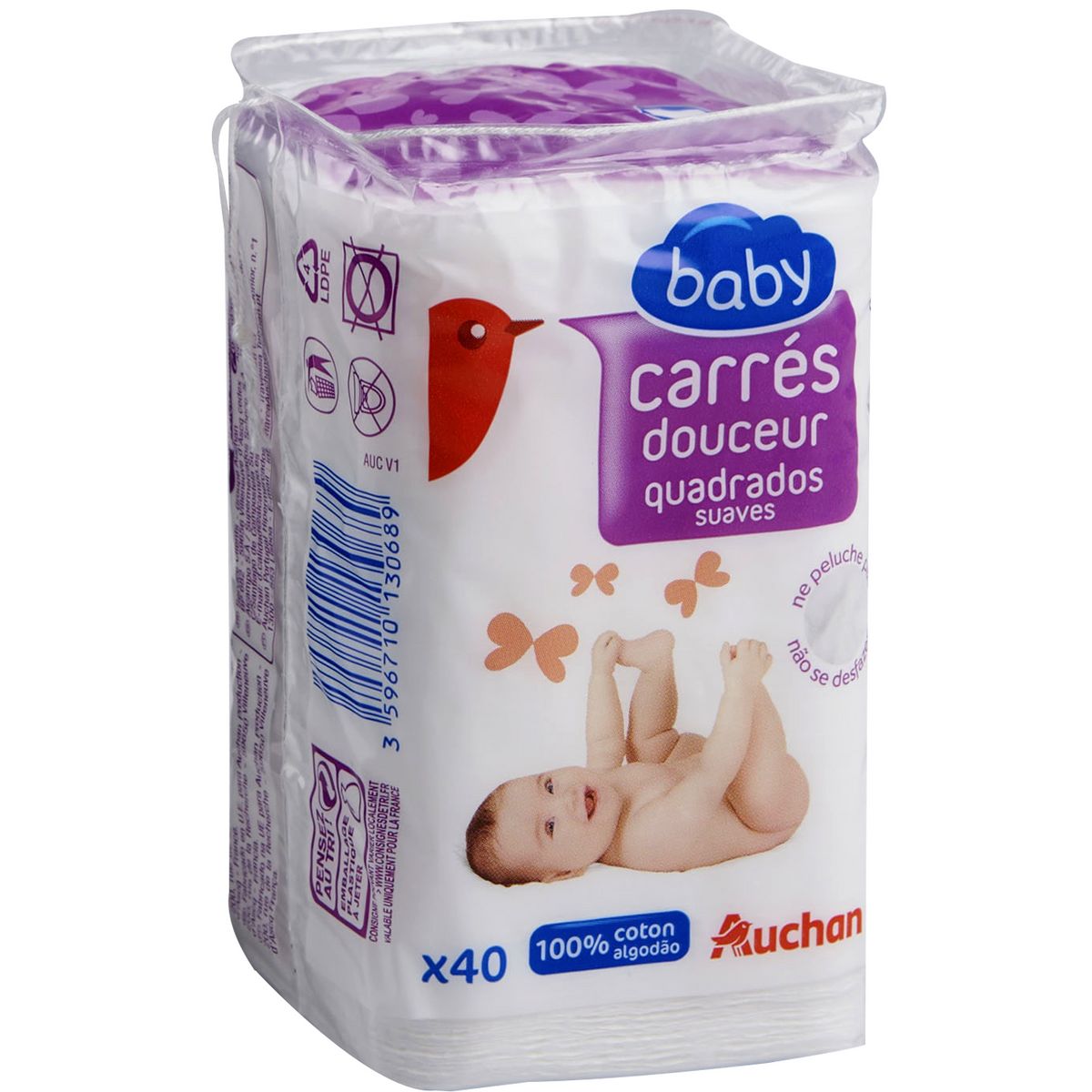 AUCHAN BABY Carré douceur 100% coton 40 carrés pas cher 