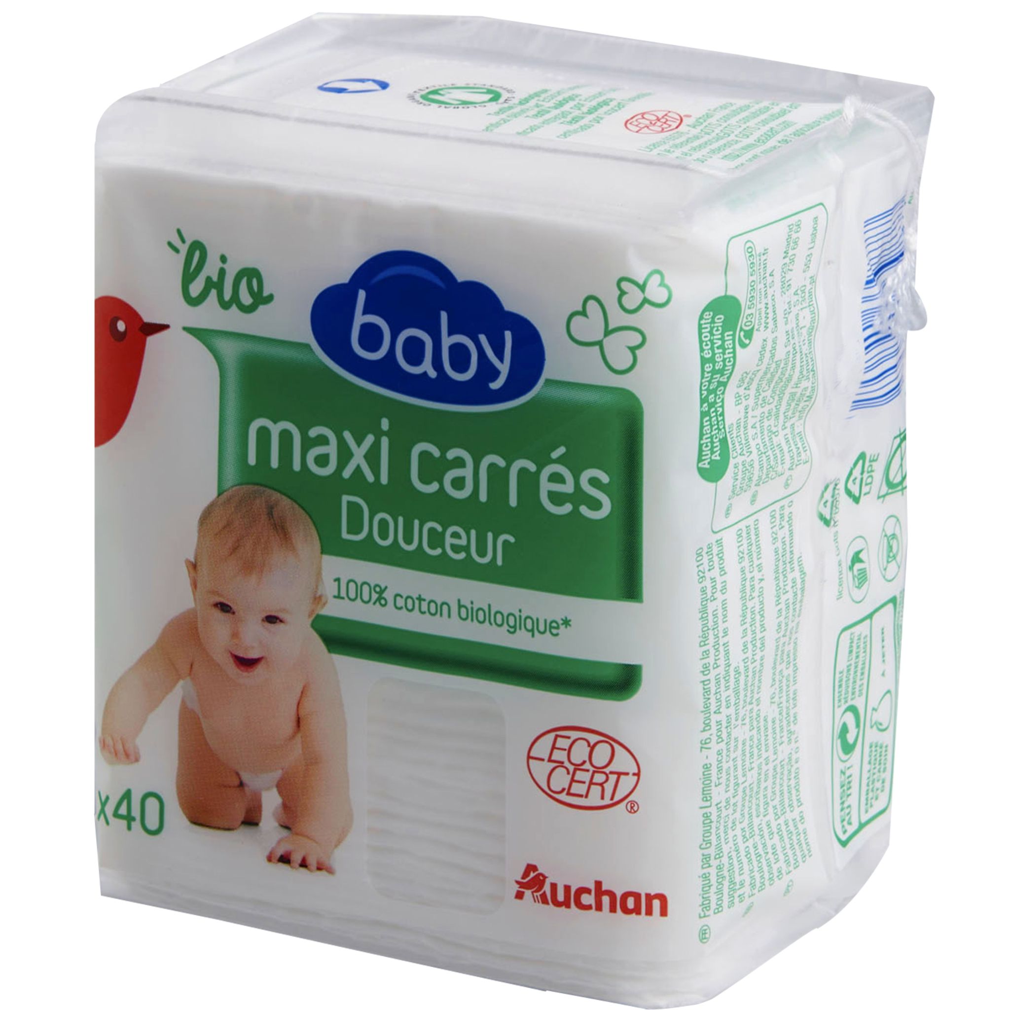 AUCHAN BABY Carrés à langer jetables 60x60cm 10 carrés pas cher