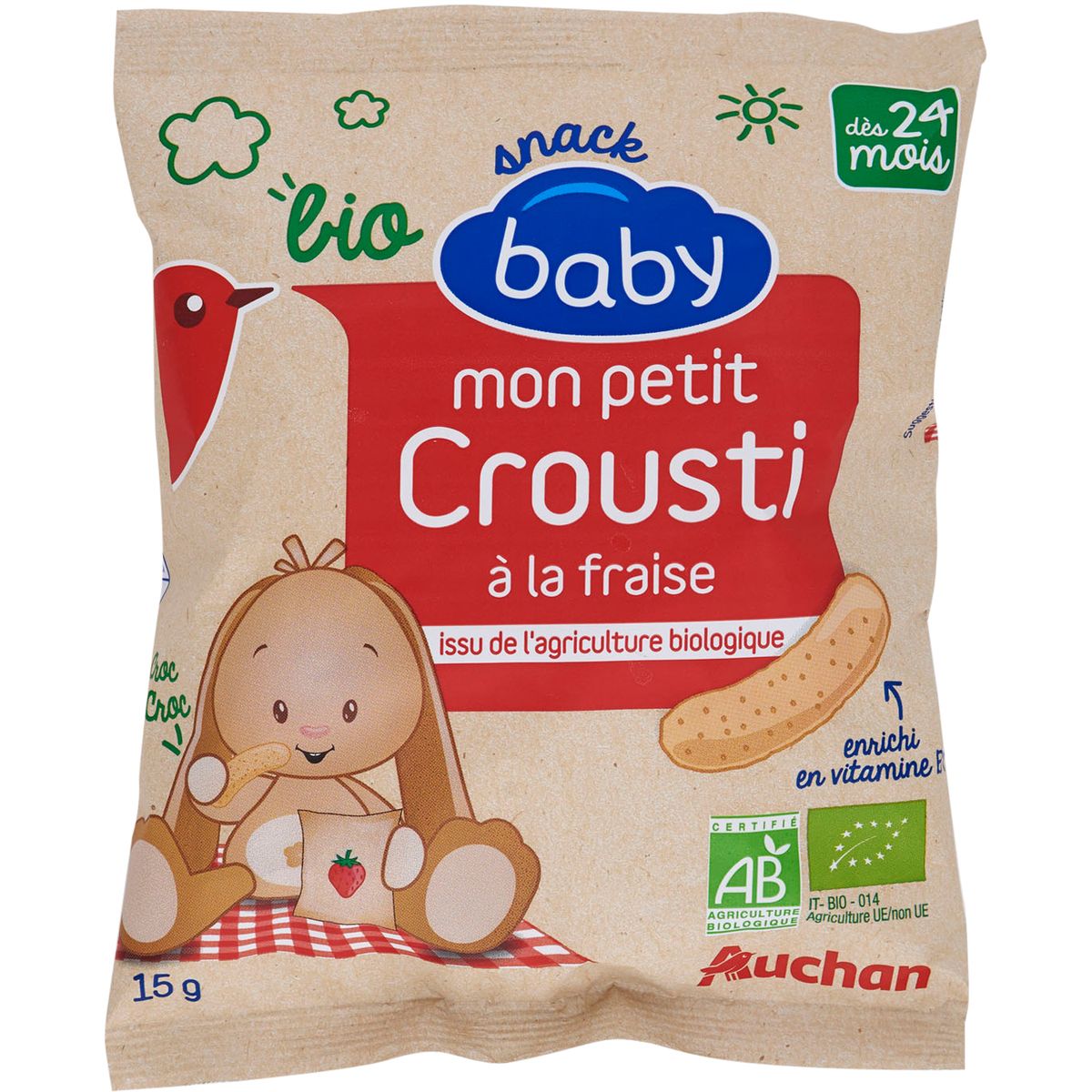 Auchan Baby Bio Auchan Baby Bio Snack Mon Petit Crousti A La Fraise Des 24 Mois 15g 15g Pas Cher A Prix Auchan