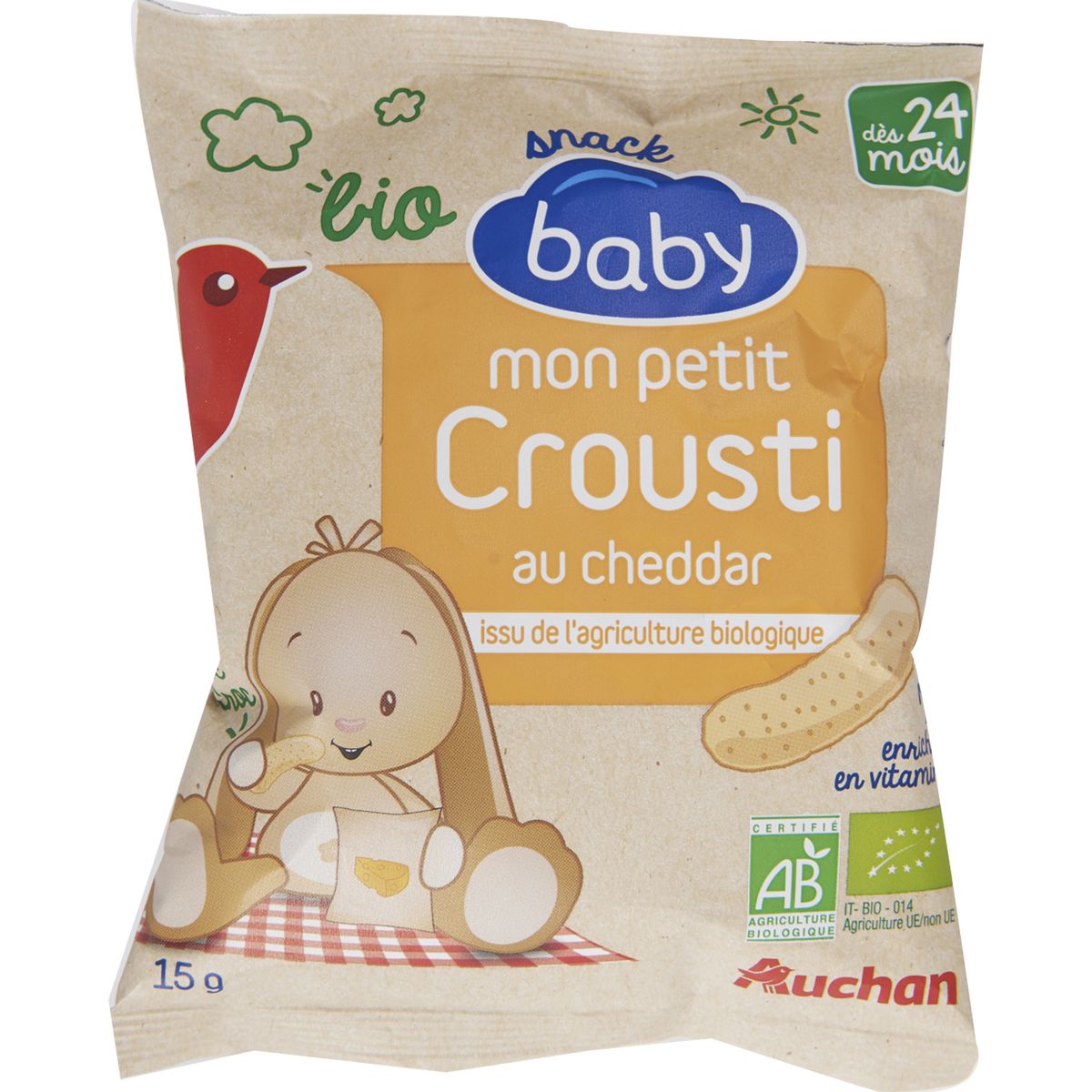 AUCHAN BIO Auchan baby bio petit snack crousti fromage 15g dès 24mois pas  cher 